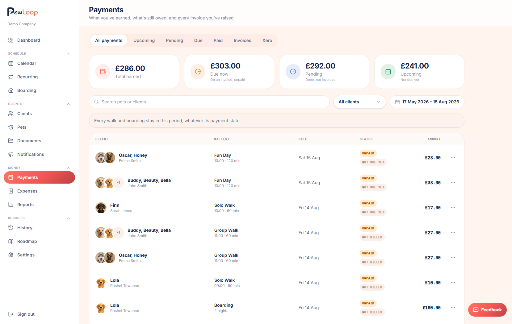 The PawLoop billing screen showing unbilled work and payment status.