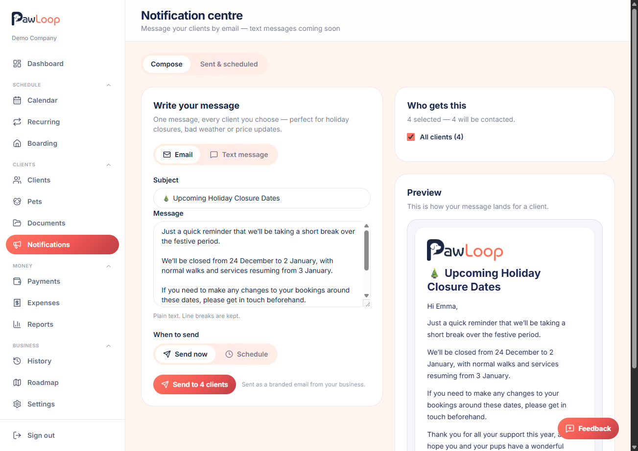 The PawLoop notification centre composing a branded client email.