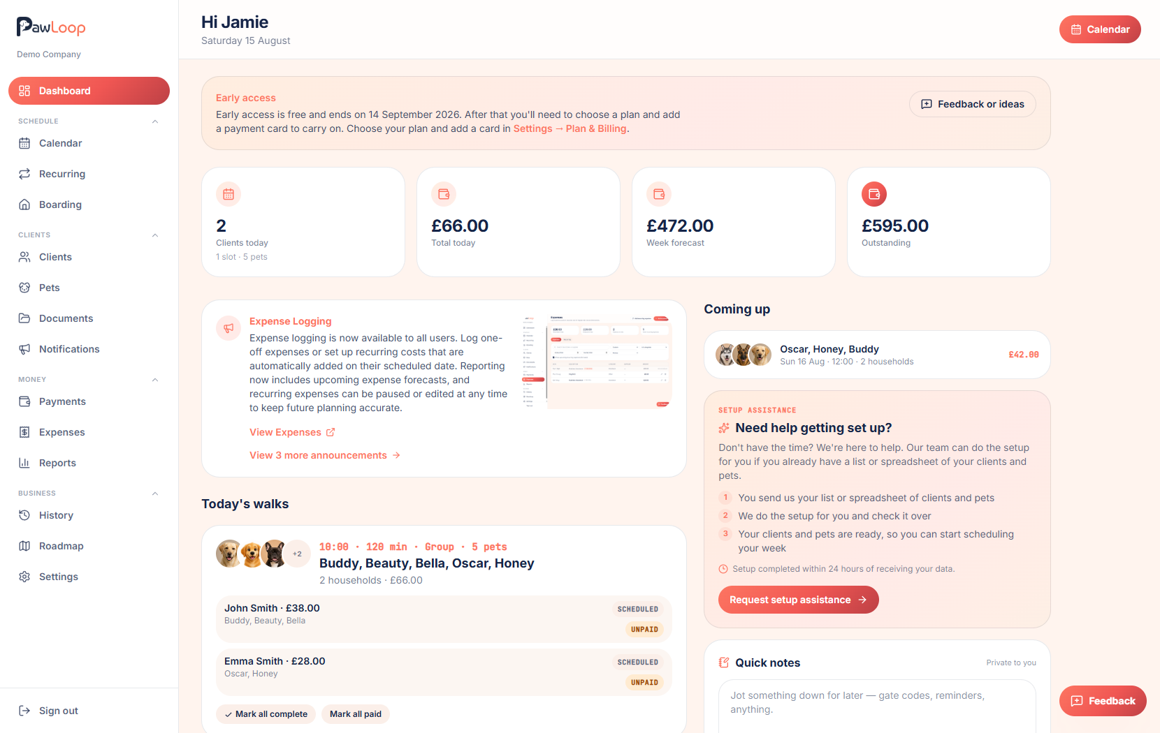 The PawLoop dashboard showing today's walks, upcoming bookings and payment status.